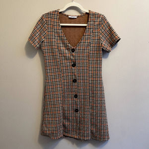 Zara Trafaluc Plaid Mini Dress | Retro Y2k | Brown Orange Button-Up | Medium